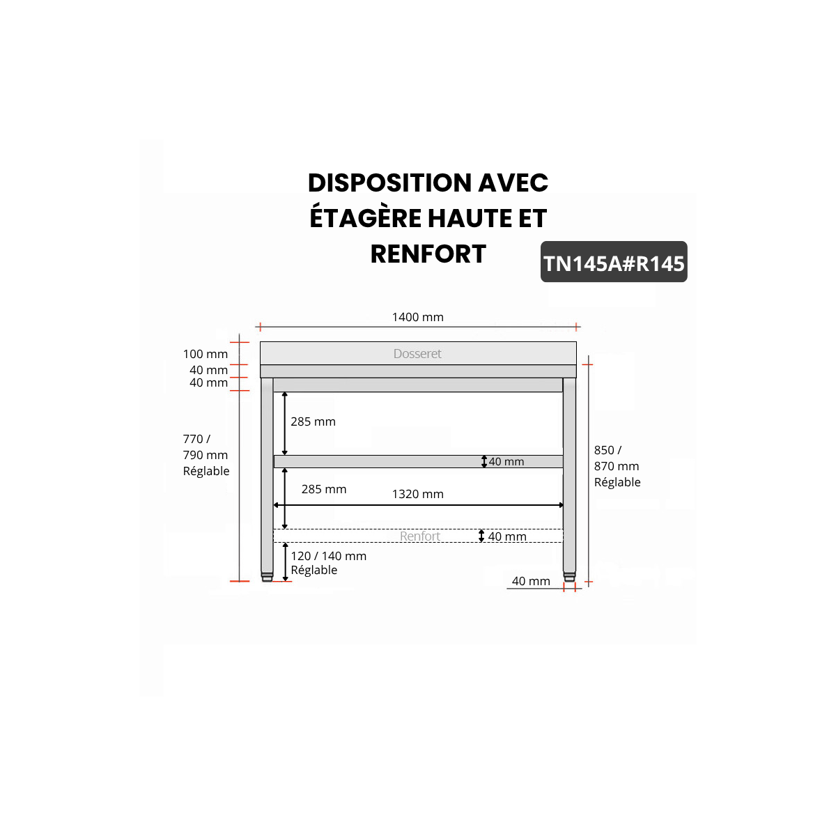 Table inox 1400 x 500 mm adossée avec renfort / GOLDINOX