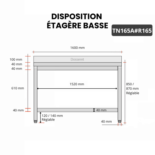 Table inox 1600 x 500 mm adossée avec renfort / GOLDINOX