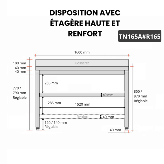 Table inox 1600 x 500 mm adossée avec renfort / GOLDINOX