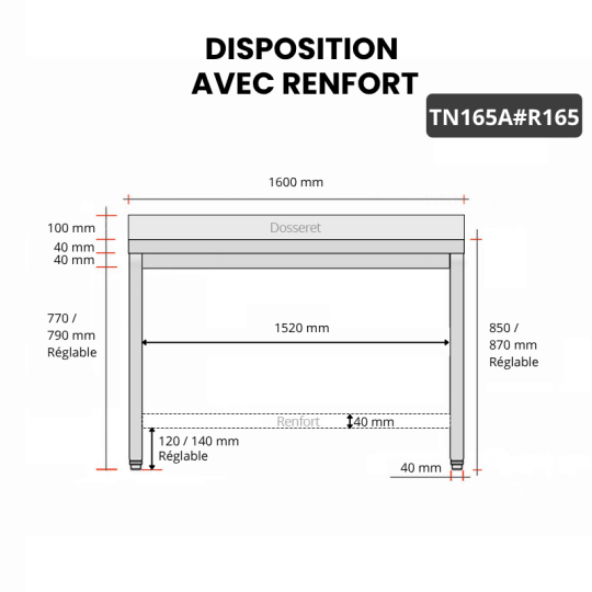 Table inox 1600 x 500 mm adossée avec renfort / GOLDINOX