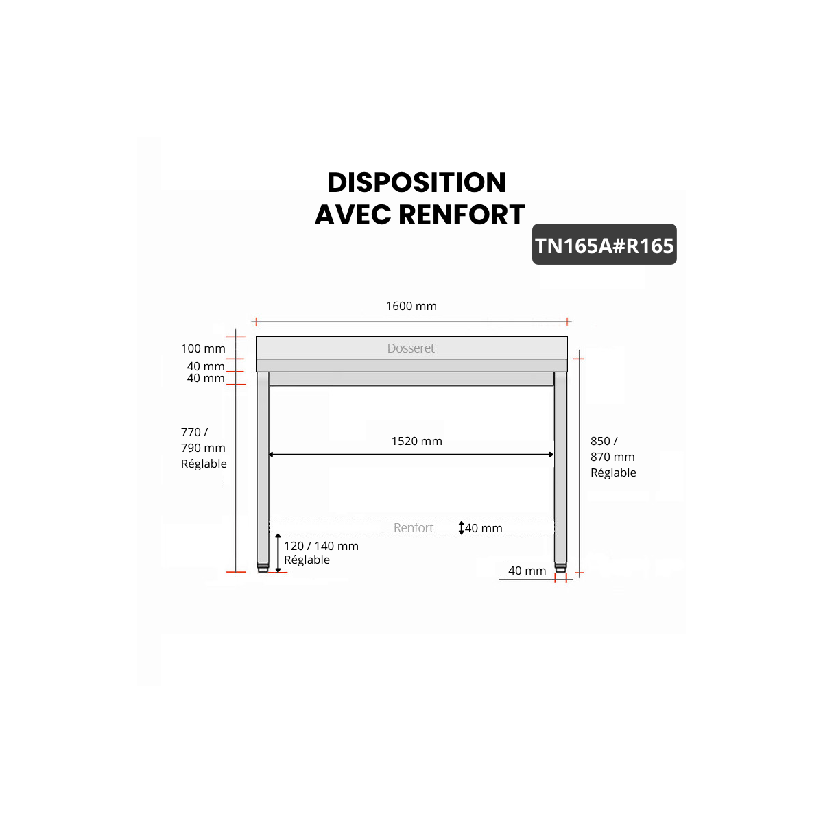 Table inox 1600 x 500 mm adossée avec renfort / GOLDINOX