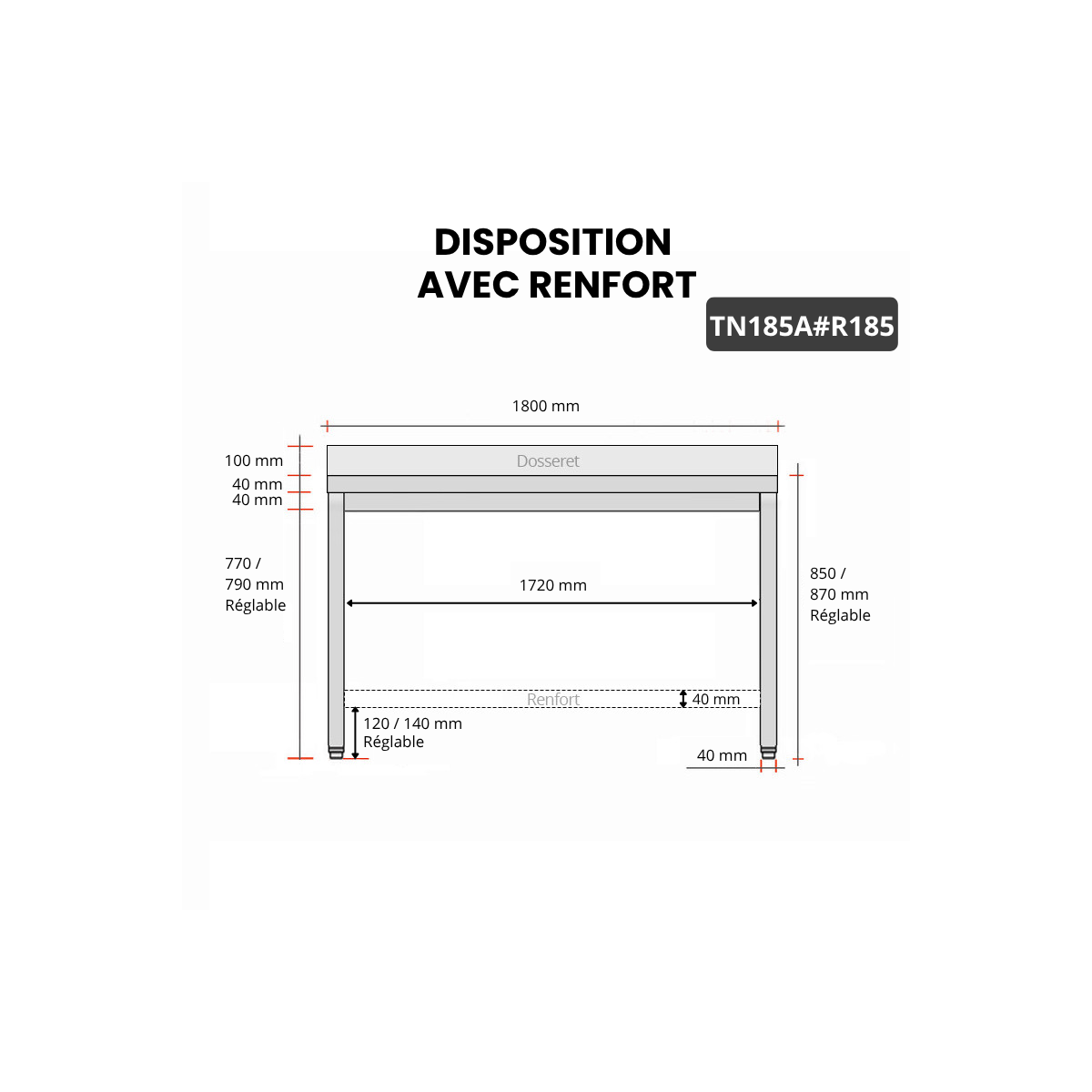 Table inox 1800 x 500 mm adossée avec renfort / GOLDINOX