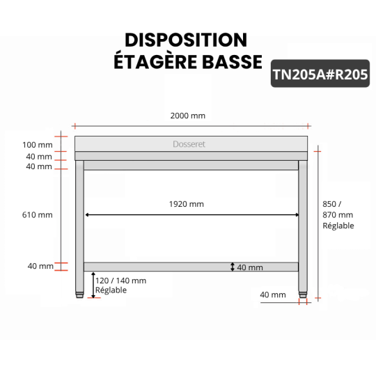 Table inox 2000 x 500 mm adossée avec renfort / GOLDINOX