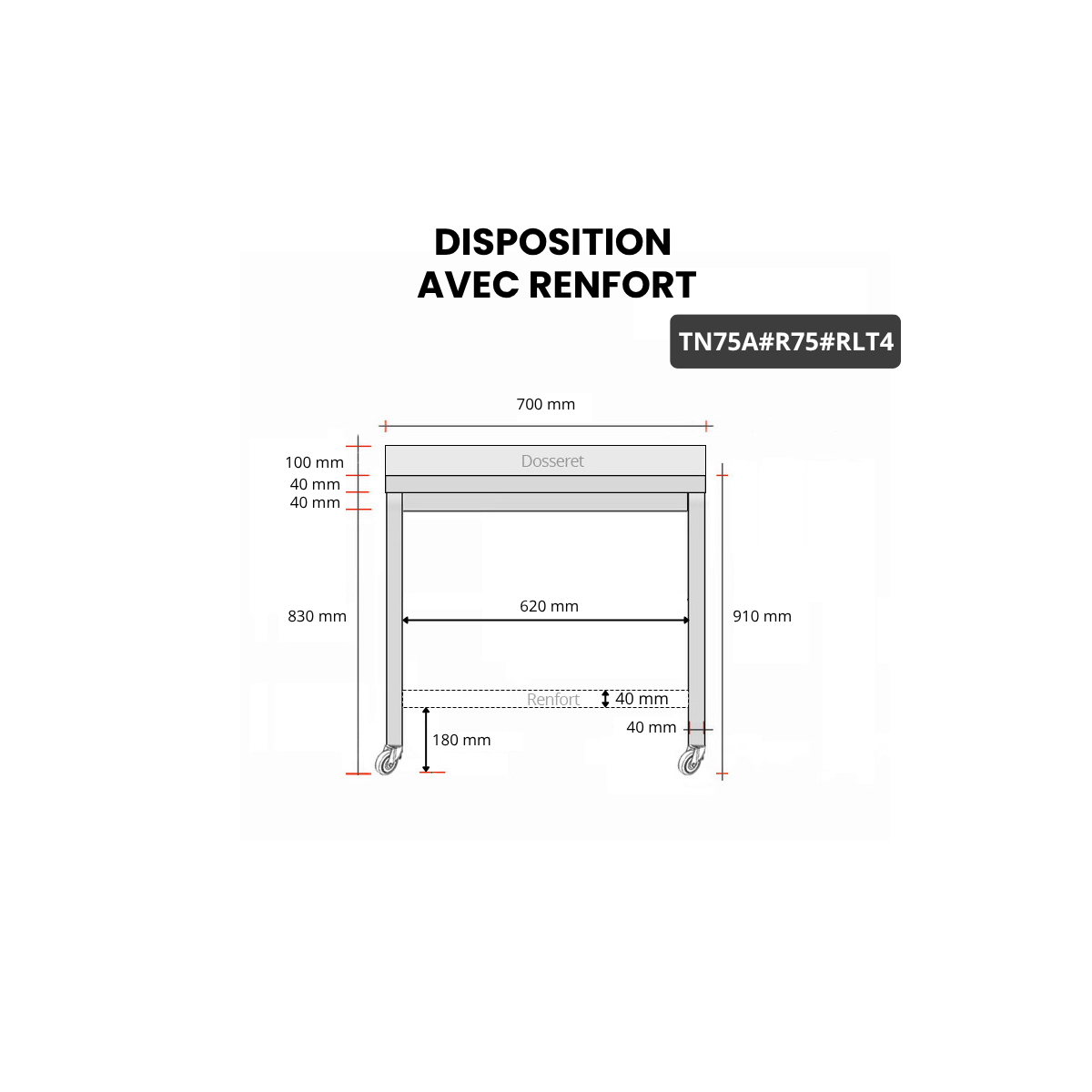 Table inox 700 x 500 mm adossée avec renfort sur roulettes / GOLDINOX