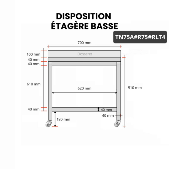 Table inox 700 x 500 mm adossée avec renfort sur roulettes / GOLDINOX