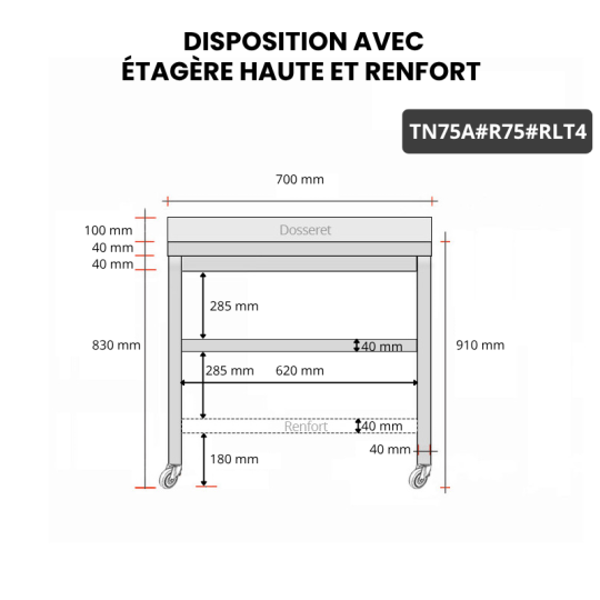 Table inox 700 x 500 mm adossée avec renfort sur roulettes / GOLDINOX