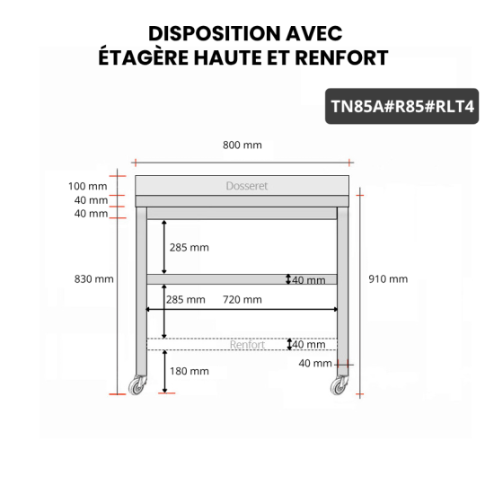 Table inox 800 x 500 mm adossée avec renfort sur roulettes / GOLDINOX