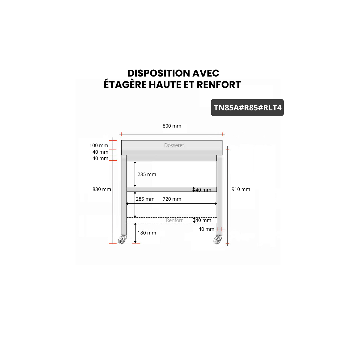 Table inox 800 x 500 mm adossée avec renfort sur roulettes / GOLDINOX