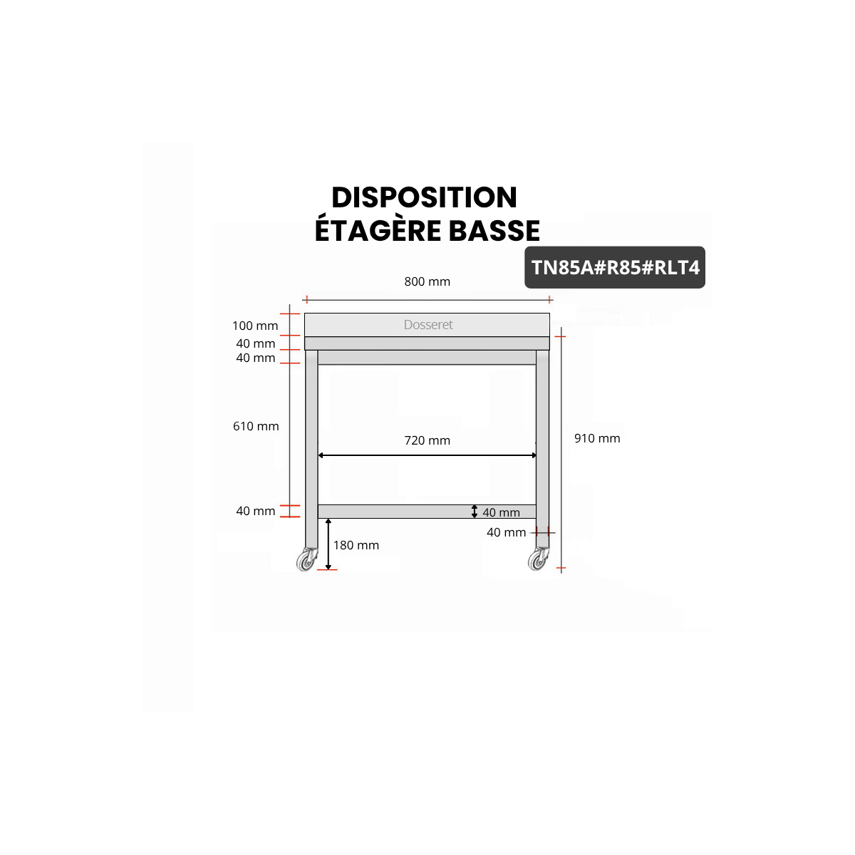 Table inox 800 x 500 mm adossée avec renfort sur roulettes / GOLDINOX