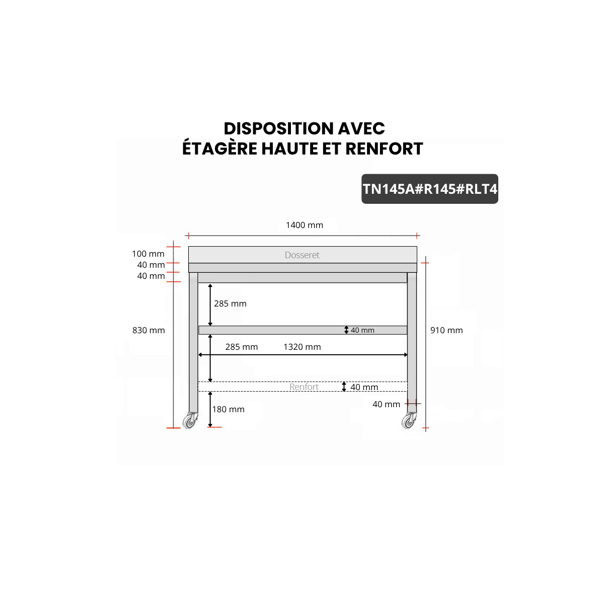 Table inox 1400 x 500 mm adossée avec renfort sur roulettes / GOLDINOX