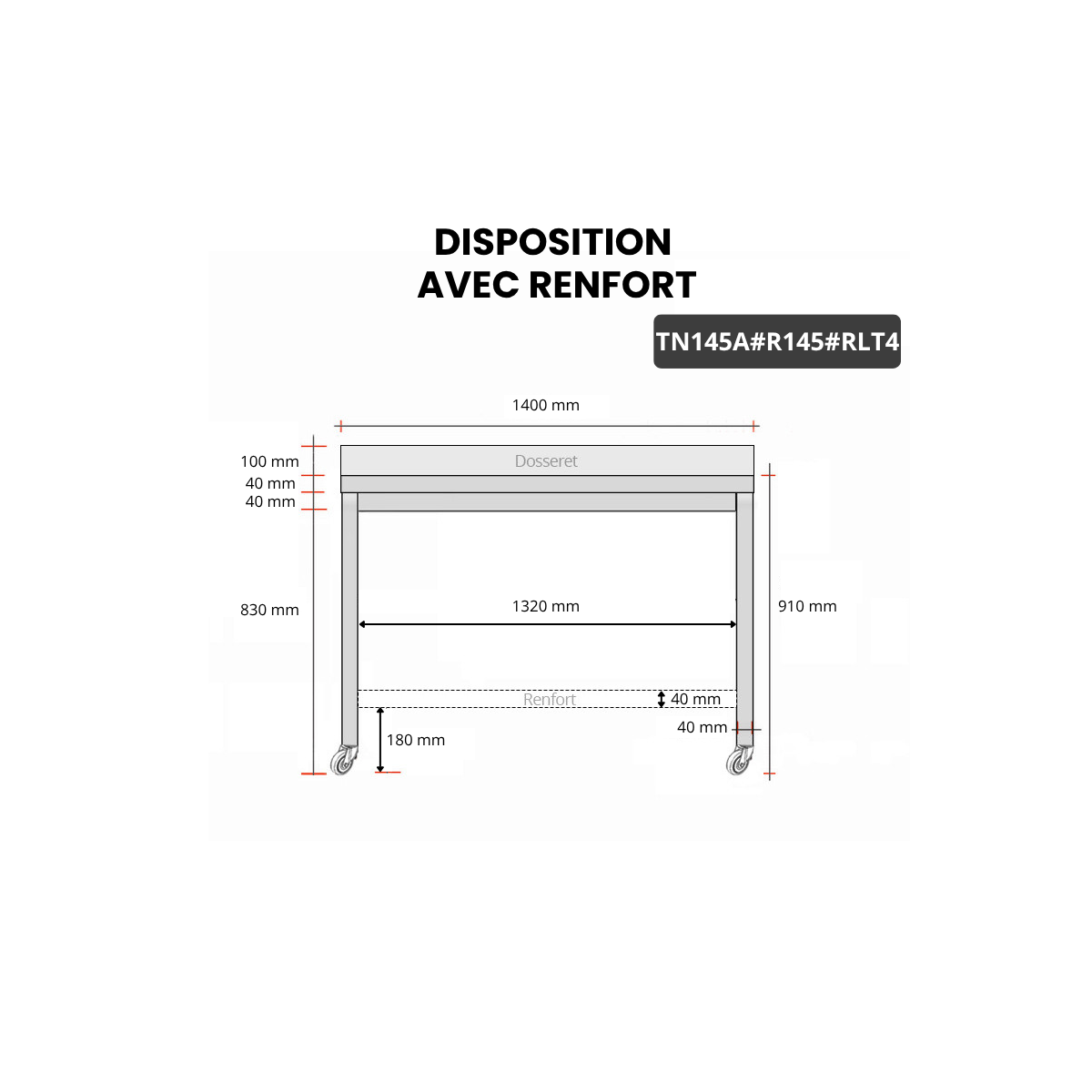 Table inox 1400 x 500 mm adossée avec renfort sur roulettes / GOLDINOX