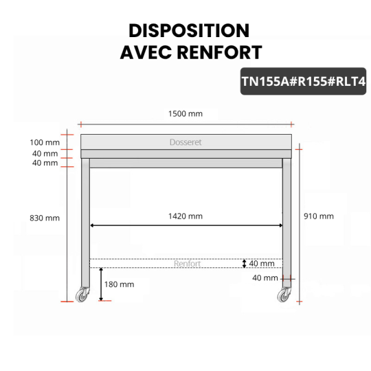 Table inox 1500 x 500 mm adossée avec renfort sur roulettes / GOLDINOX
