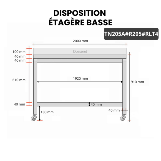 Table inox 2000 x 500 mm adossée avec renfort sur roulettes / GOLDINOX