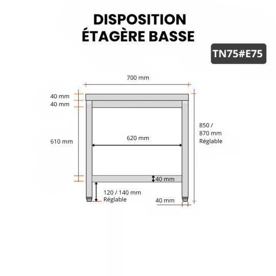 Table inox 700 x 500 mm avec 2 étagères / GOLDINOX