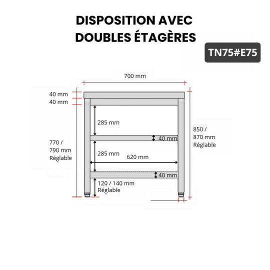 Table inox 700 x 500 mm avec 2 étagères / GOLDINOX