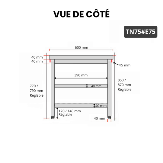 Table inox 700 x 500 mm avec 2 étagères / GOLDINOX
