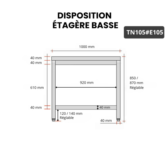 Table inox 1000 x 500 mm avec 2 étagères / GOLDINOX