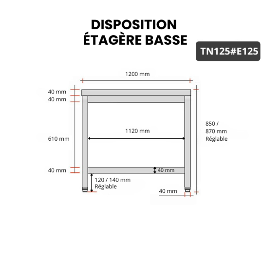 Table inox 1200 x 500 mm avec 2 étagères / GOLDINOX