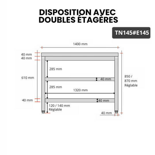 Table inox 1400 x 500 mm avec 2 étagères / GOLDINOX