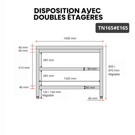 Table inox 1600 x 500 mm avec 2 étagères / GOLDINOX