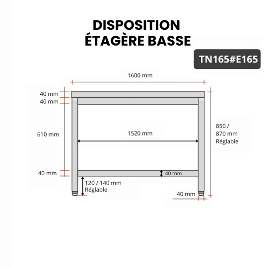 Table inox 1600 x 500 mm avec 2 étagères / GOLDINOX