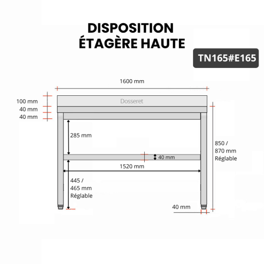 Table inox 1600 x 500 mm avec 2 étagères / GOLDINOX