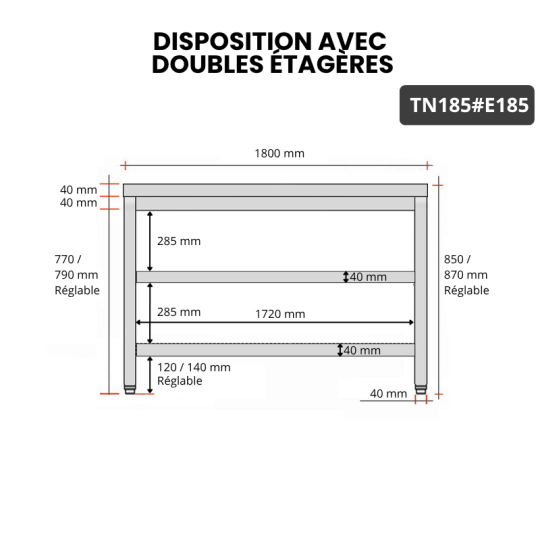 Table inox 1800 x 500 mm avec 2 étagères / GOLDINOX