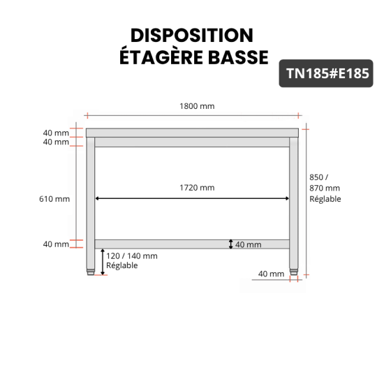 Table inox 1800 x 500 mm avec 2 étagères / GOLDINOX