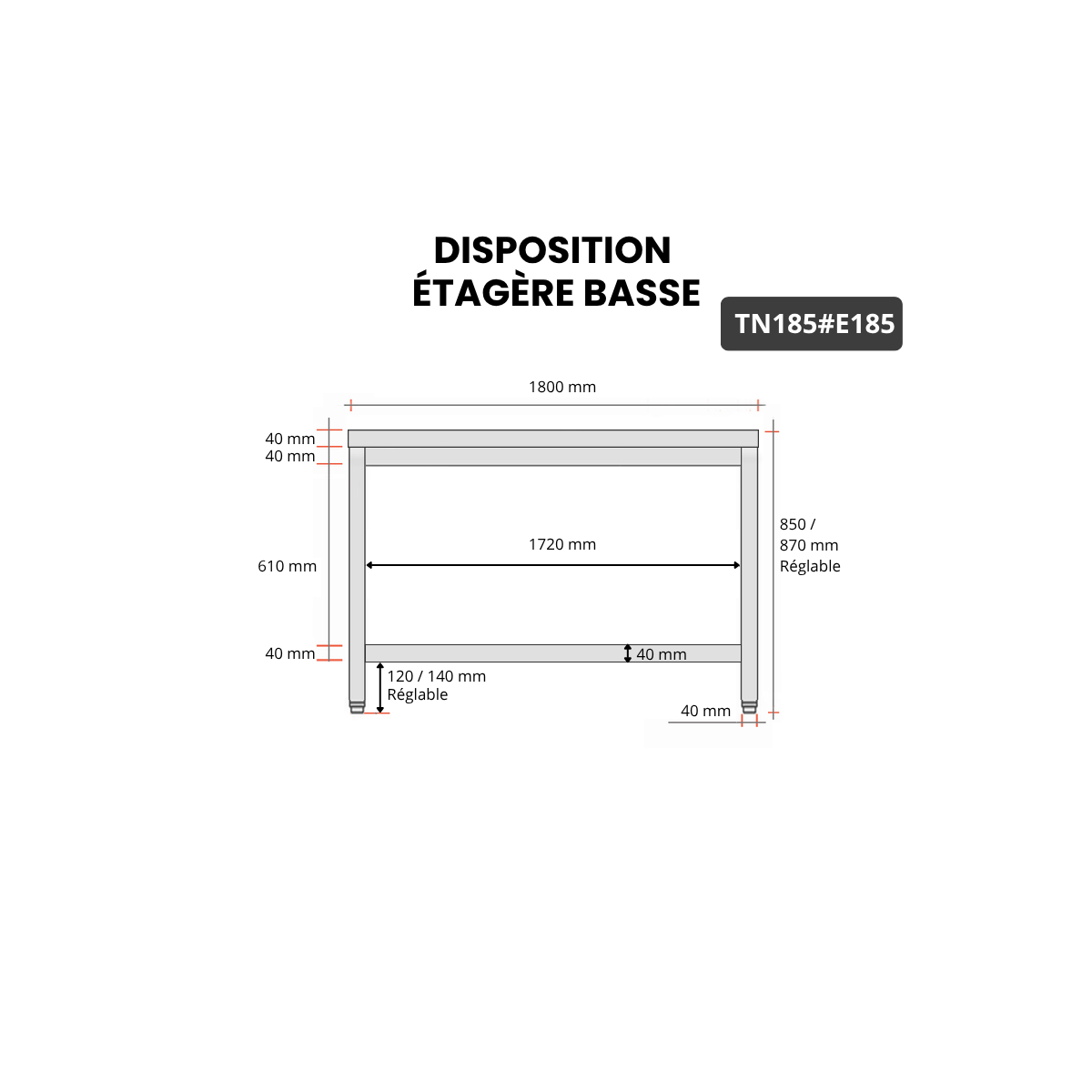 Table inox 1800 x 500 mm avec 2 étagères / GOLDINOX