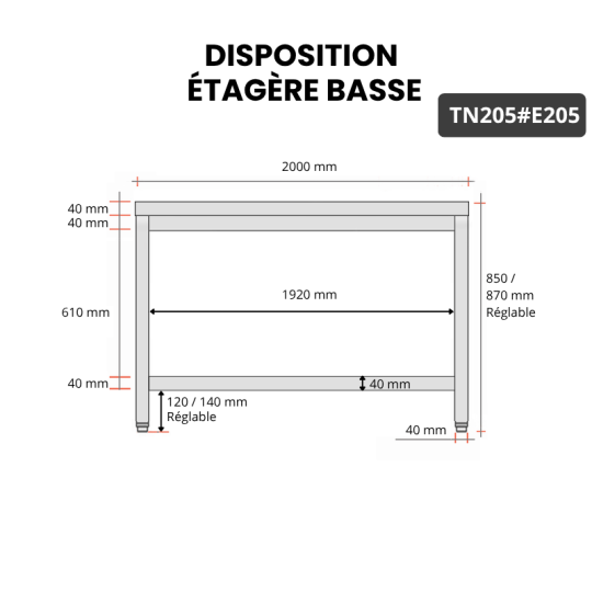 Table inox 2000 x 500 mm avec 2 étagères / GOLDINOX