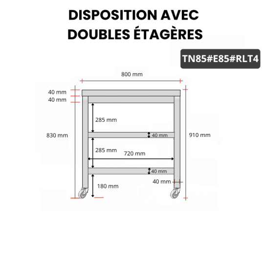 Table inox 800 x 500 mm avec 2 étagères sur roulettes / GOLDINOX