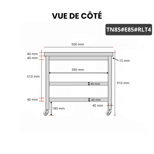 Table inox 800 x 500 mm avec 2 étagères sur roulettes / GOLDINOX