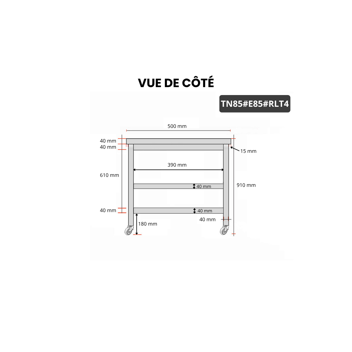 Table inox 800 x 500 mm avec 2 étagères sur roulettes / GOLDINOX