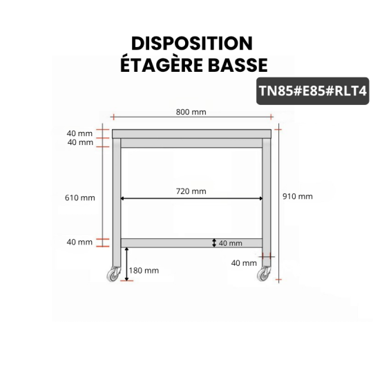 Table inox 800 x 500 mm avec 2 étagères sur roulettes / GOLDINOX