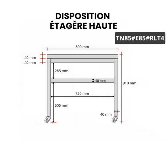 Table inox 800 x 500 mm avec 2 étagères sur roulettes / GOLDINOX