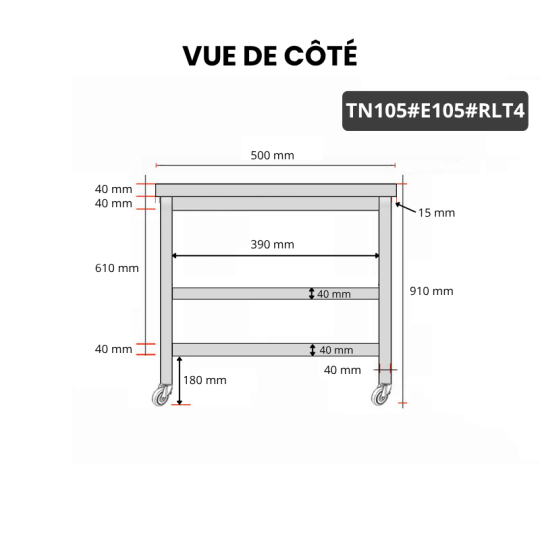 Table inox 1000 x 500 mm avec 2 étagères sur roulettes / GOLDINOX