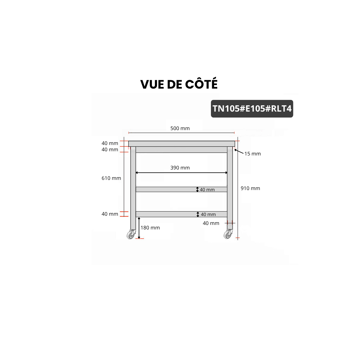 Table inox 1000 x 500 mm avec 2 étagères sur roulettes / GOLDINOX
