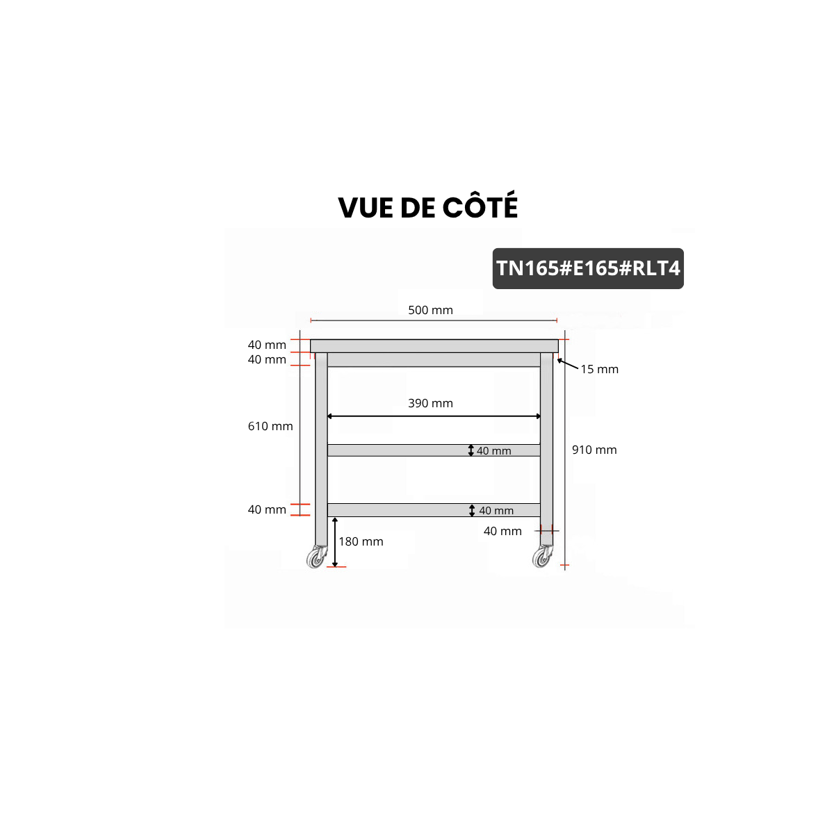 Table inox 1600 x 500 mm avec 2 étagères sur roulettes / GOLDINOX