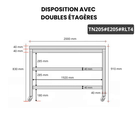 Table inox 2000 x 500 mm avec 2 étagères sur roulettes / GOLDINOX