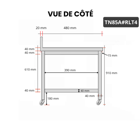 Table inox 800 x 500 mm adossée sur roulettes / GOLDINOX
