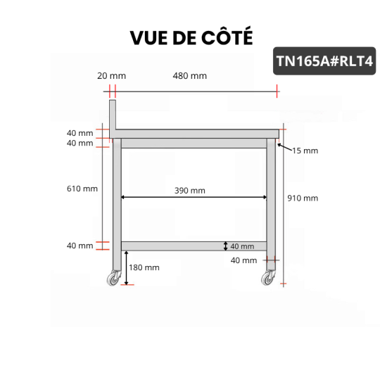 Table inox 1600 x 500 mm adossée sur roulettes / GOLDINOX