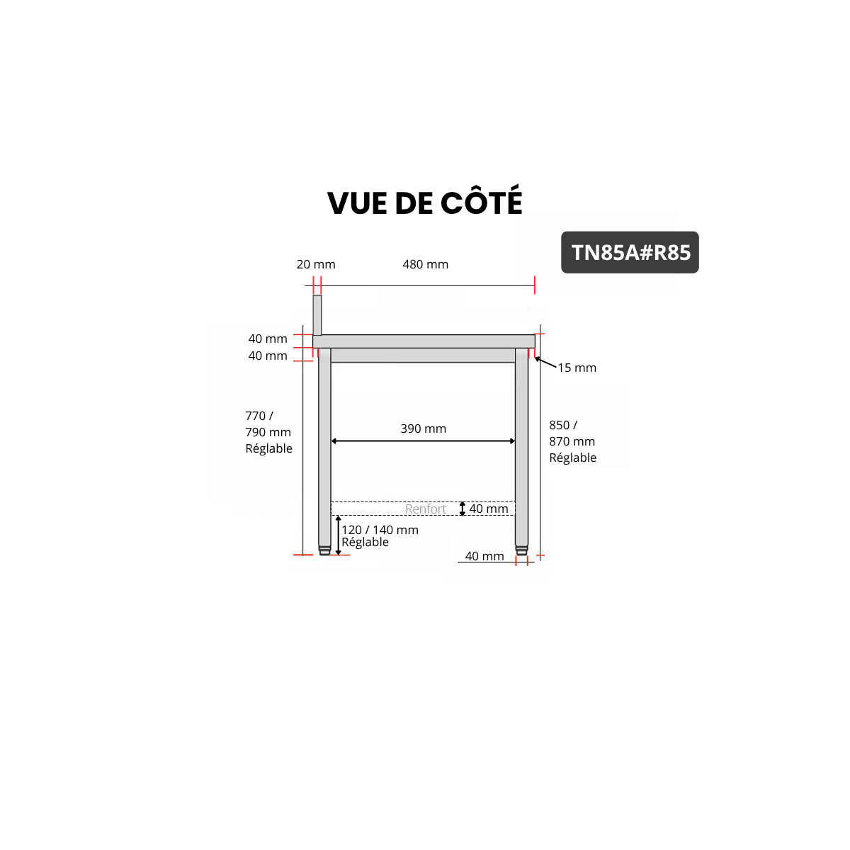 Table inox 800 x 500 mm adossée avec renfort / GOLDINOX