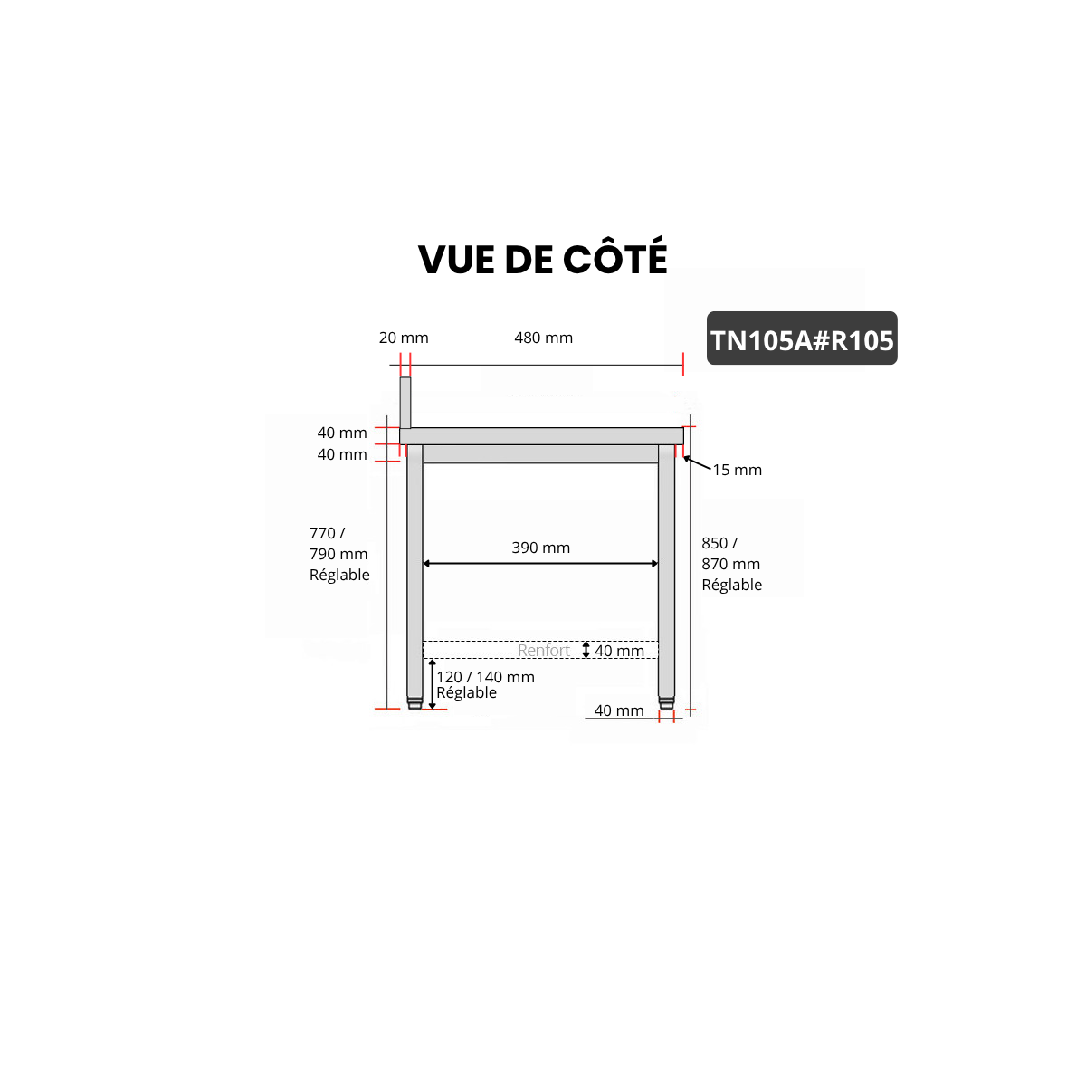 Table inox 1000 x 500 mm adossée avec renfort / GOLDINOX