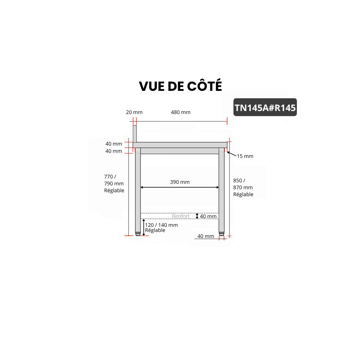 Table inox 1400 x 500 mm adossée avec renfort / GOLDINOX