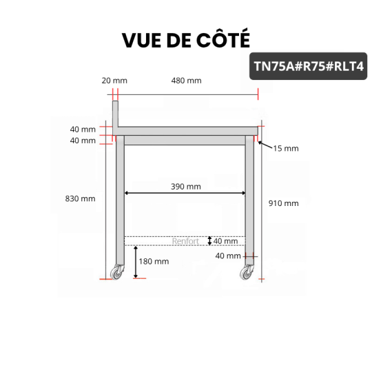 Table inox 700 x 500 mm adossée avec renfort sur roulettes / GOLDINOX