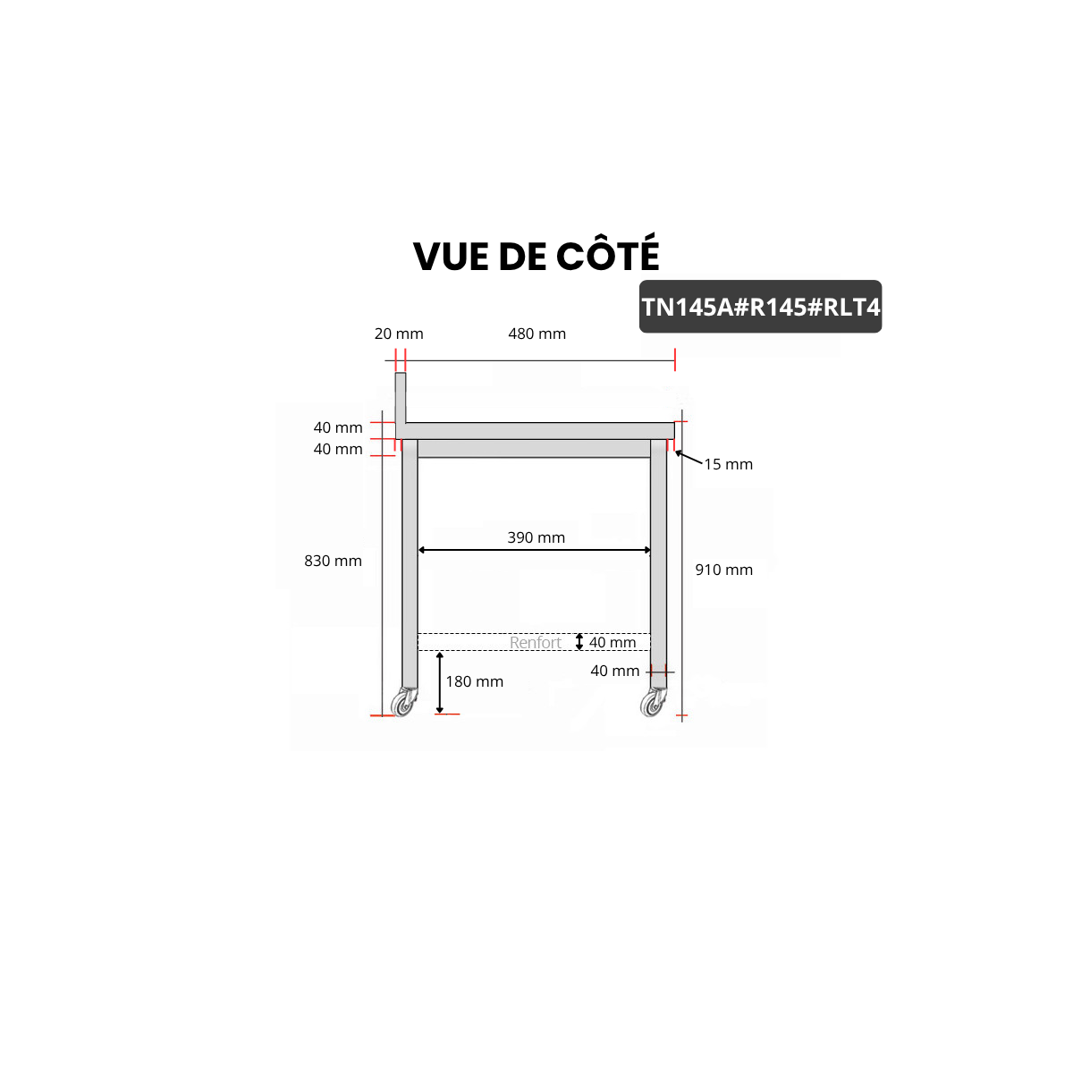 Table inox 1400 x 500 mm adossée avec renfort sur roulettes / GOLDINOX