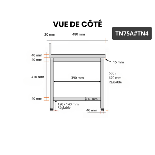 Table inox soubassement 700 x 500 mm adossée / GOLDINOX