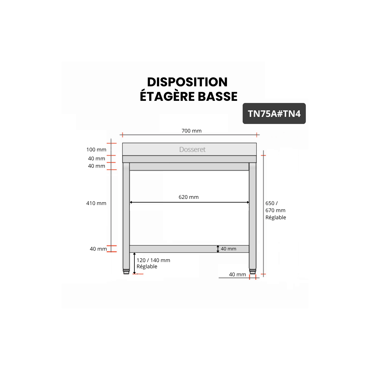 Table inox soubassement 700 x 500 mm adossée / GOLDINOX