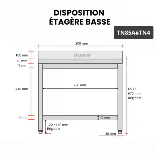 Table inox soubassement 800 x 500 mm adossée / GOLDINOX