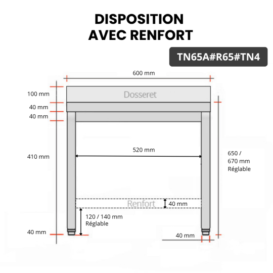 Table inox soubassement 600 x 500 mm adossée avec renfort / GOLDINOX
